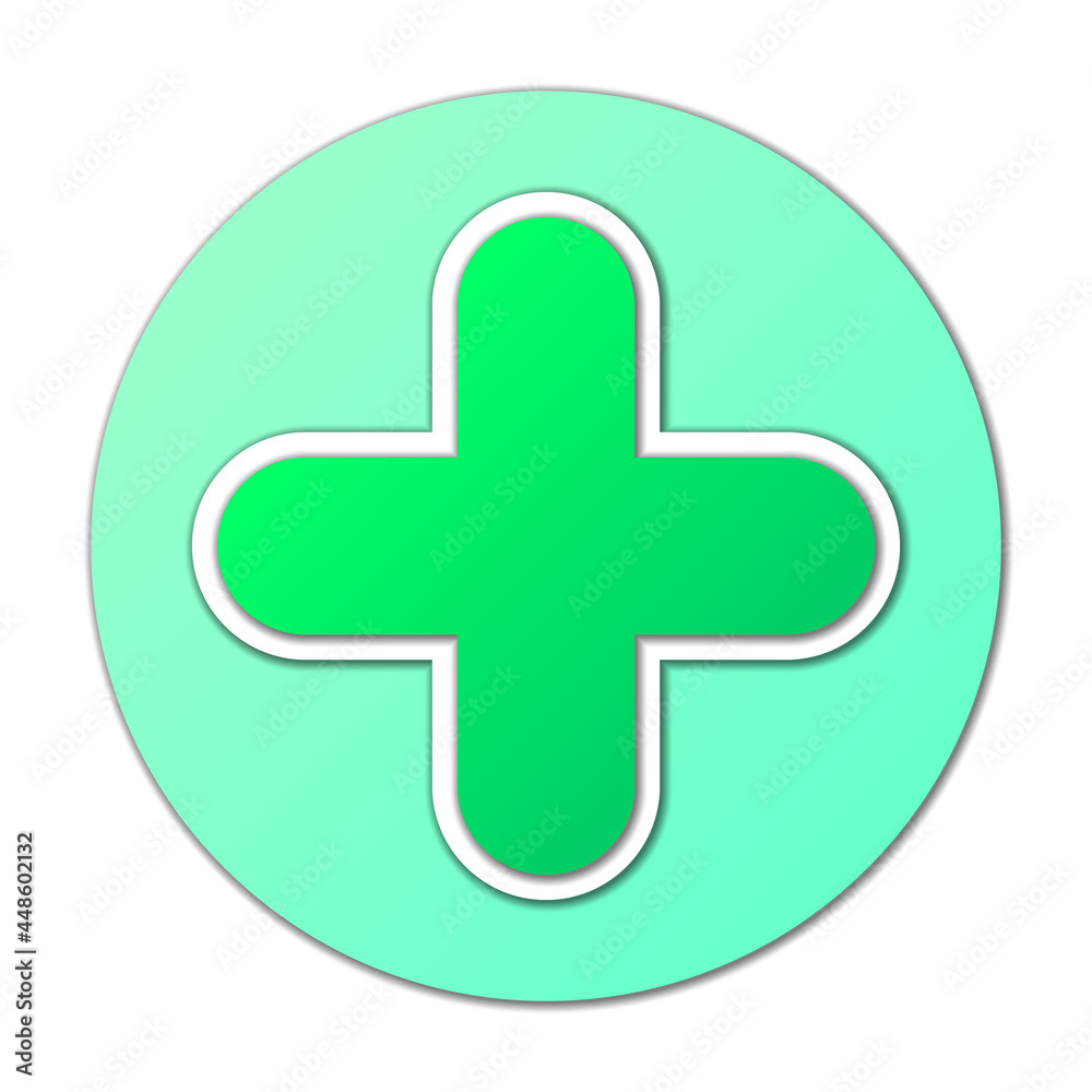 Big green plus sign with white frame in the circle. Sign on white background with shadow. Vector illustration. Big green plus sign with white frame in the circle. Sign on white background with shadow. Vector illustration.