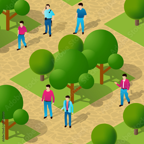 City park with trees and people walking vacationers lifestyle scene