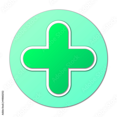 Big green plus sign with white frame in the circle. Sign on white background with shadow. Vector illustration.