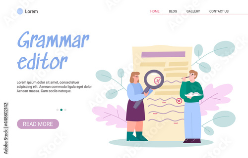 Vector web banner with grammar editor, teacher, writer or student.