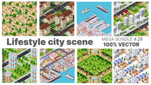 The city's lifestyle scene set illustrations on urban themes with houses