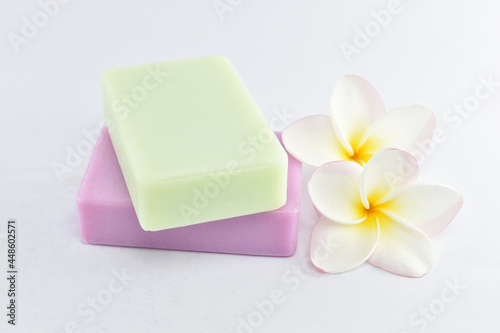 natural soap and plumeria on white background.