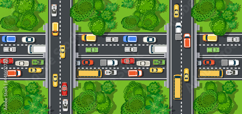 Road top view with highways many different vehicles.
