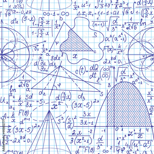 "Back to school" vector seamless pattern with handwritten math formulas, figures, calculations on the grid copybook paper	
