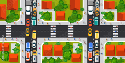 Road top view with highways many different vehicles.