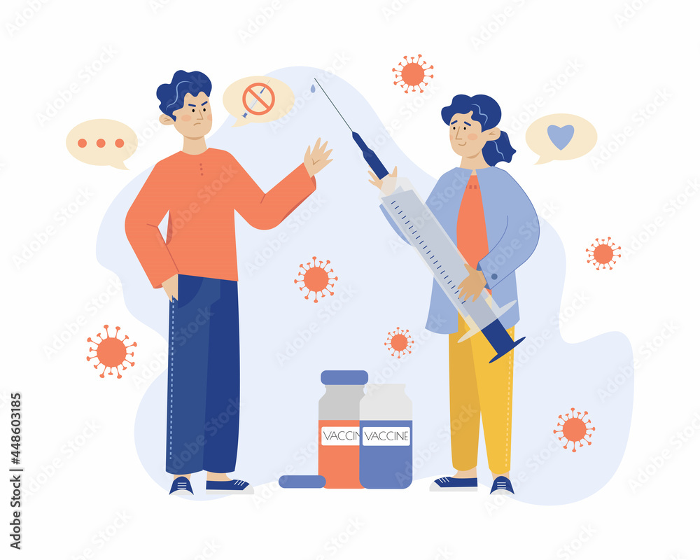 Refusal of vaccination vector concept. Man refuses of vaccination. Flat vector illustration, cartoon style. Medical and Healthcare metaphor Refusal of vaccination vector concept. Man refuses of vaccination. Flat vector illustration, cartoon style. Medical and Healthcare metaphor