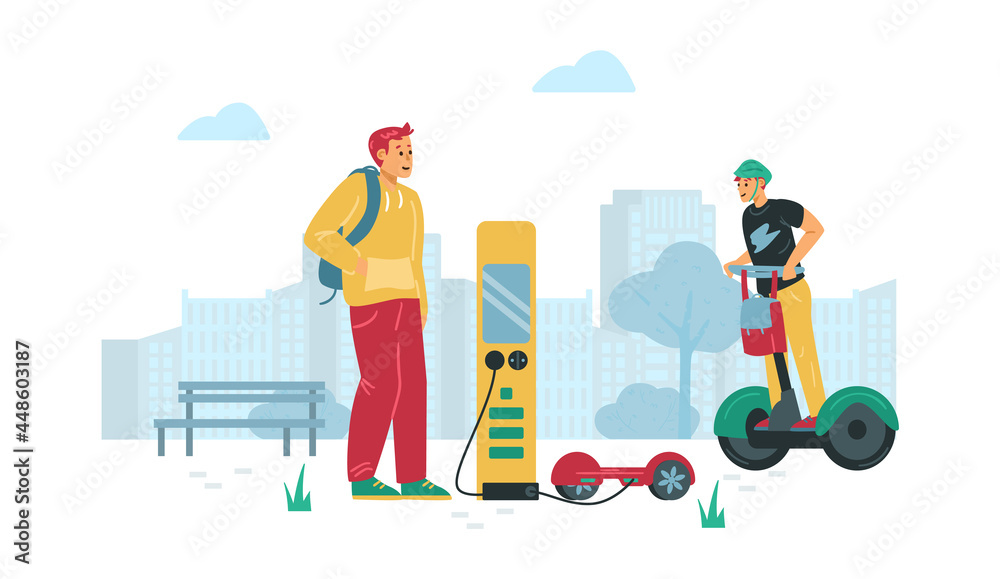 Fototapeta premium People use personal modern electric eco transportation for ride around city.