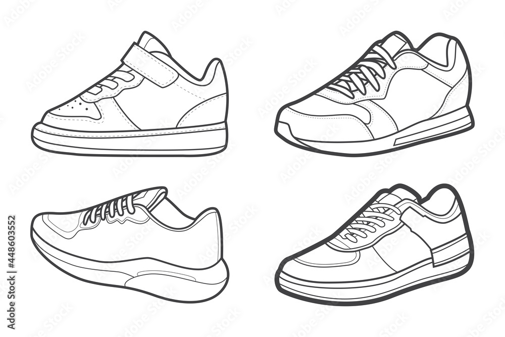 4 Cool Sneakers. Shoes sneaker outline drawing vector, Sneakers drawn in a sketch style, black line sneaker trainers template outline, Set Collection. vector Illustration.
