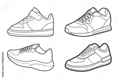 4 Cool Sneakers. Shoes sneaker outline drawing vector, Sneakers drawn in a sketch style, black line sneaker trainers template outline, Set Collection. vector Illustration.