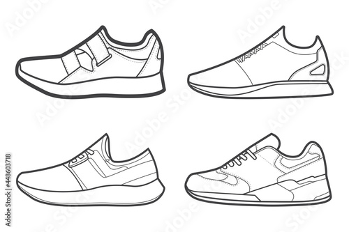 4 Cool Sneakers. Shoes sneaker outline drawing vector, Sneakers drawn in a sketch style, black line sneaker trainers template outline, Set Collection. vector Illustration.