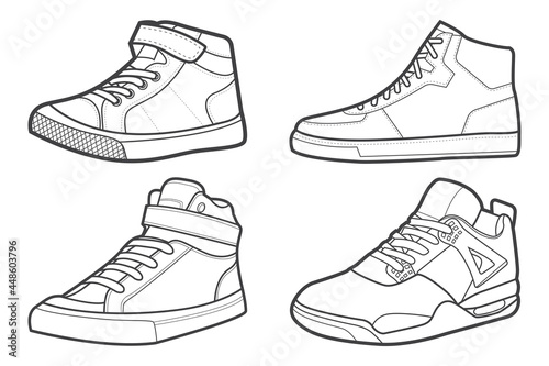 4 Cool Sneakers. Shoes sneaker outline drawing vector, Sneakers drawn in a sketch style, black line sneaker trainers template outline, Set Collection. vector Illustration.