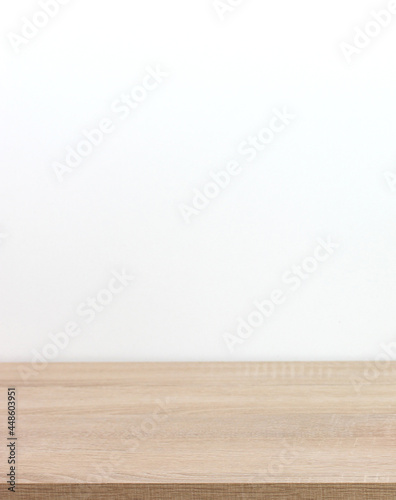 empty wooden table on a white background.