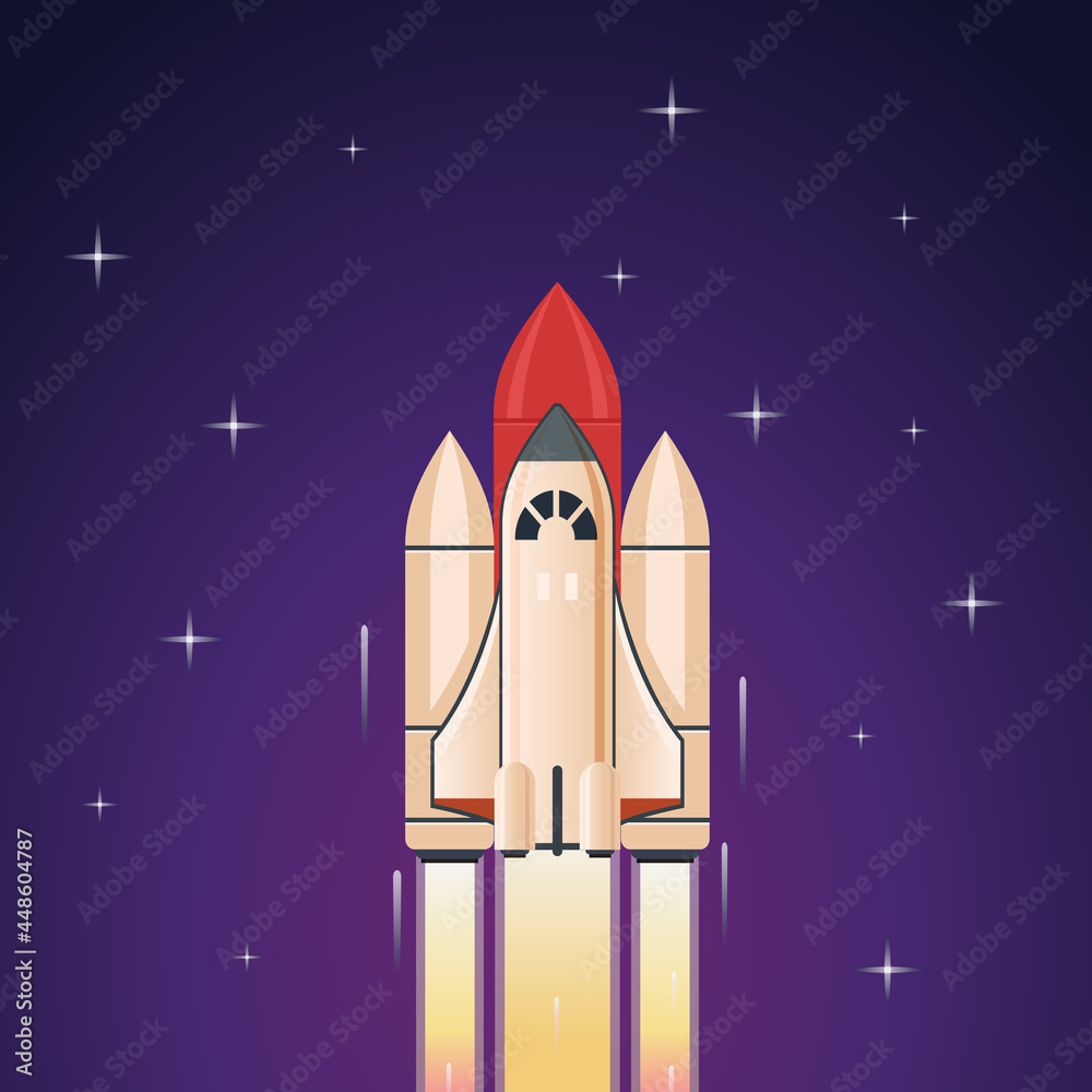 Rocket ship with fire flying into outer space to stars, space travel adventure vector illustration. Cartoon rocket launch, project startup idea concept background Rocket ship with fire flying into outer space to stars, space travel adventure vector illustration. Cartoon rocket launch, project startup idea concept background