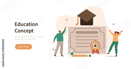 People characters solving educational test and receiving graduation certificate. Students successfully ending school, college or university. Education concept. Flat cartoon vector illustration.
