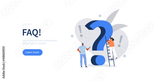 People characters standing near question marks. Woman and man ask questions and receive answers. Support center. Frequently asked questions concept. Flat cartoon  vector illustration.
