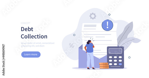 Woman receiving letter with overdue bill from collection agency and feeling worried. Character having financial problems, debts and loans. Flat cartoon vector illustration.