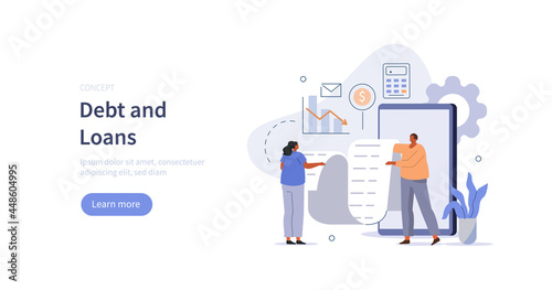 People characters reading and calculating long financial bill or invoice online in mobile app on smartphone. Payment and debts management concept. Flat cartoon vector illustration.