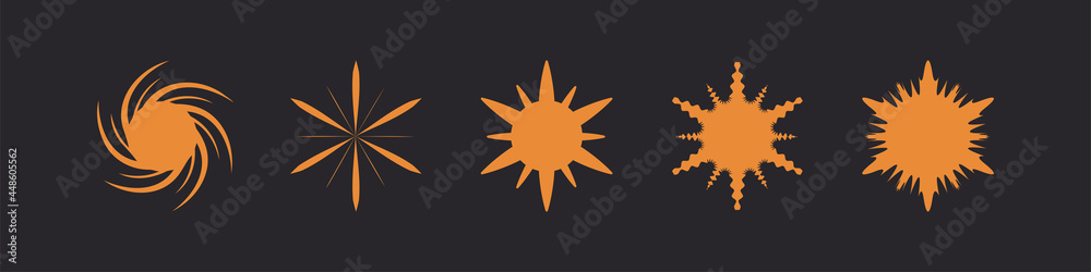 Sparkle Star Icons Set. Gold Geometric Starbursts and Sunburst isolated on Dark Background. Flat Vector Icon Design Template Elements.