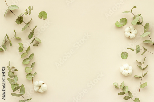 Round frame floral pattern with eucalyptus leaves and cotton