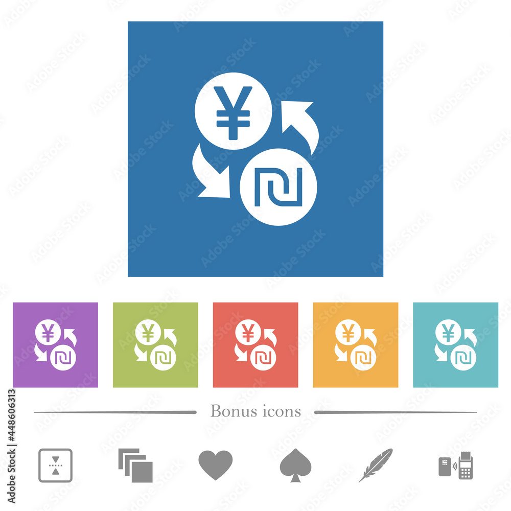 Yen new Shekel money exchange flat white icons in square backgrounds