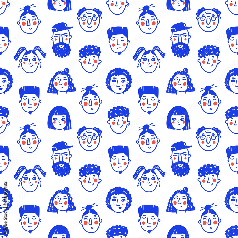 Fototapeta premium Seamless pattern with doodle style people faces in blue color on white background. Cartoon characters hand drawn vector illustration. 