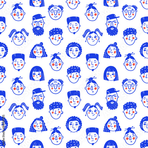 Seamless pattern with doodle style people faces in blue color on white background. Cartoon characters hand drawn vector illustration. 
