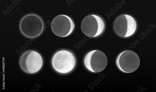 Moon eclipse, different phases astronomy infographic. Lunar eclipse full cycle in scientific transparent background, realistic moonlight in stages from full moon to thin moon