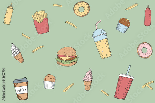 Junk food tasty doodle illustration pattern. Colorful sketch hamburger soda ice cream fat and sweet isolated graphic. Hot coffee to go unhealthy snacks disease risk vector