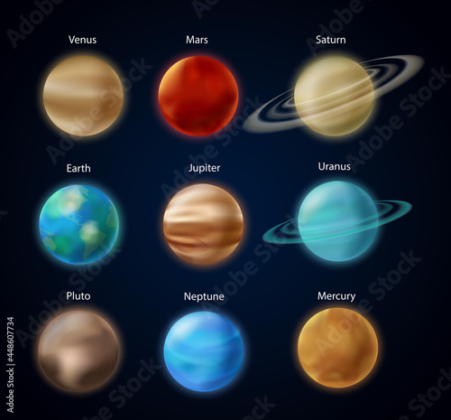 Solar system planets, astronomy vector illustration. 3d Earth Mars Mercury Saturn Uranus Jupiter Venus Neptune planets with lettering, space universe galaxy infographic education cosmo background