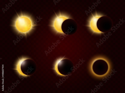 Solar eclipse in different phases infographic vector illustration. Total and partial solar eclipse in full cycle, realistic sun glow and sunshine ring in different stages scientific poster background