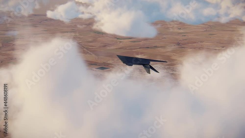F-117 Nighthawk stealth bomber flies through the clouds over the landscape - 3d animation photo