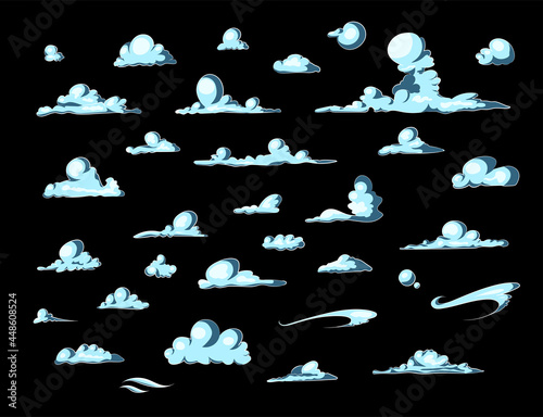 Set of blue sky, clouds isolated. Cloud icon, cloud shape. Collection of different clouds. Graphic element vector. Vector design element in cartoon style