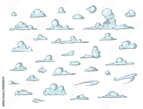 Set of blue sky, clouds isolated. Cloud icon, cloud shape. Collection of different clouds. Graphic element vector. Vector design element in cartoon style