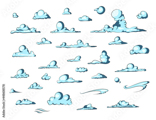Set of blue sky, clouds isolated. Cloud icon, cloud shape. Collection of different clouds. Graphic element vector. Vector design element in cartoon style