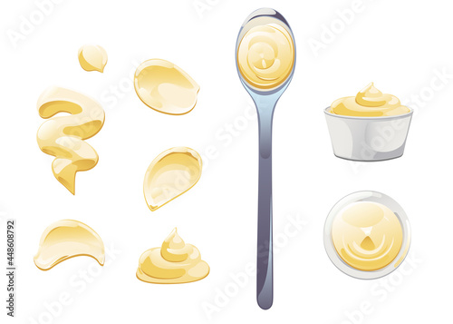 Mayonnaise in bowl, bottle, stains and splash set. Condiment white sauce icon set. Top and front view vector illustration.