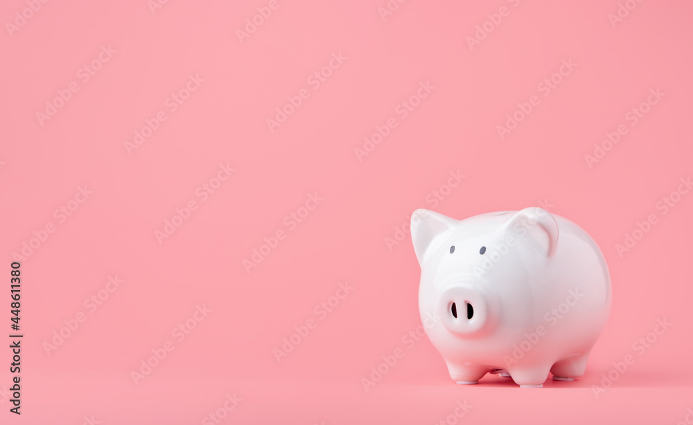 Money saving and investment concept. Piggy bank on pink background with copy space