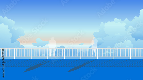 Skyscraper rooftop, social distancing is hurting concept ilustration, a ghost couple sitting on metal fence and cloudy sky in background