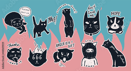 A set of " Grumpy Antisocial cats" mean concept pins/ stickers design collection, cute, fun and bad anti social vibe, simple monotone pastel color, flat hand drawn style