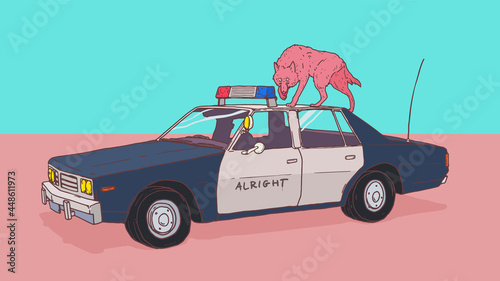 Abandon vintage police car with alright word raw on doorside and pastel pink wolf on roof in flat desert, police and people concept illustration, tint saturaion pastel color