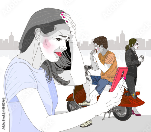 Mujer preocupada teléfono celular en la calle