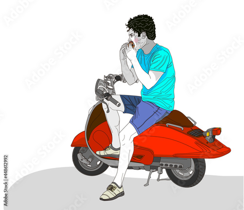 Hombre comiendo en la moto