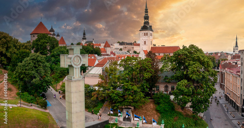 Aerial view of the freedom square in Tallinn, Estonia. Modern buildings in the background. Beautiful Tallinn view.
