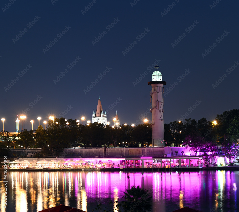 lighthouse on Danube island by night in Vienna lighthouse on Danube island by night in Vienna