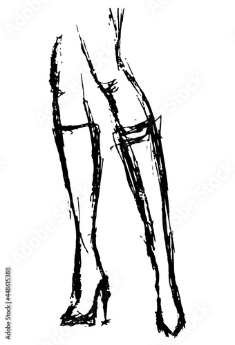 Black and white grunge vector sketch of female legs in knee-high boots with high heels. Rough linear freehand drawing, isolated on white background