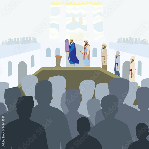 Assembling the Jewish People Vector drawing of dozens of men and women gathering in the Temple in Jerusalem. Looking at the king holding a Torah scroll and the high priest on a large wooden platform