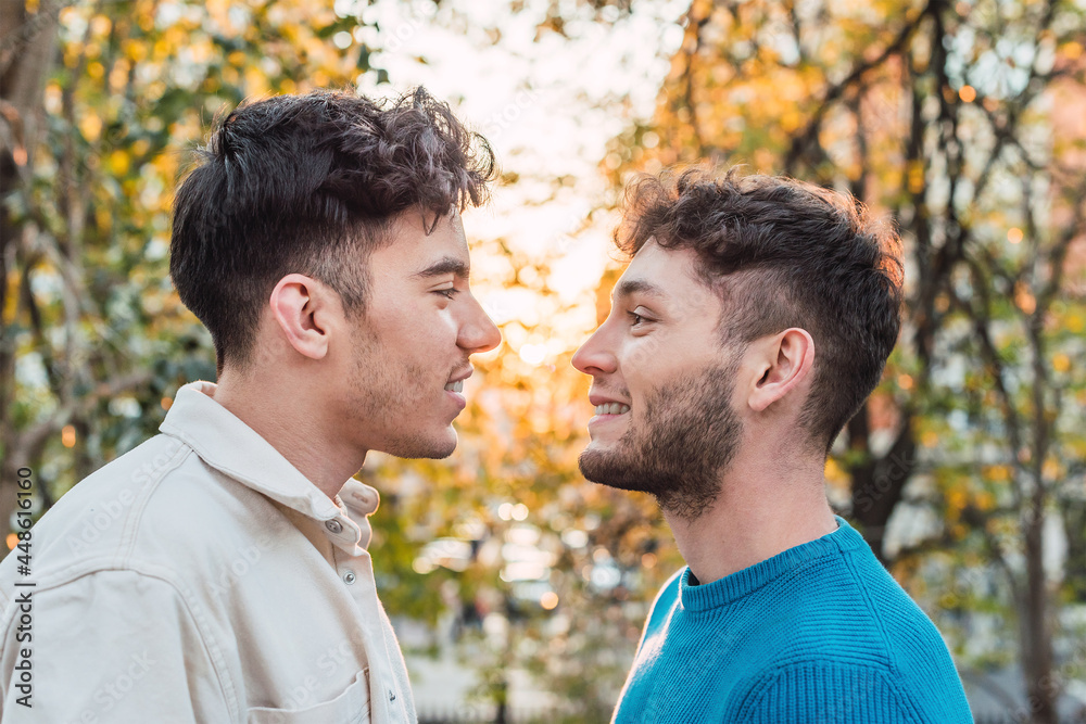 Loving gay couple standing face to face in park Loving gay couple standing face to face in park