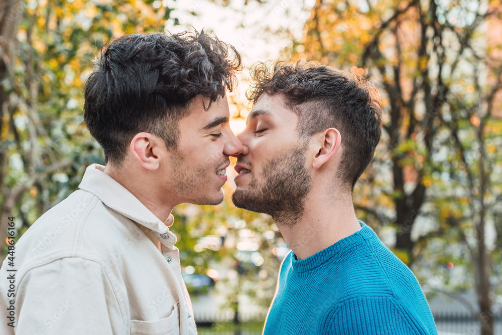 Loving gay couple standing face to face in park kissing Loving gay couple standing face to face in park kissing
