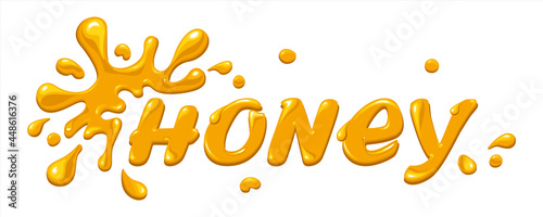 Honey. Vector lettering in yellow color with glare isolated on white background. Blots, spray and spots honey. Concept for logo, card, typography, poster, print.