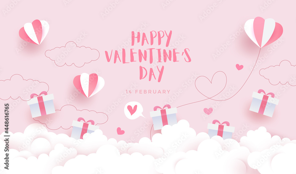 Happy Valentines Day Background Card Invitation With Lovely Gift Boxes Clouds Heart Balloons Pastel Pink Background