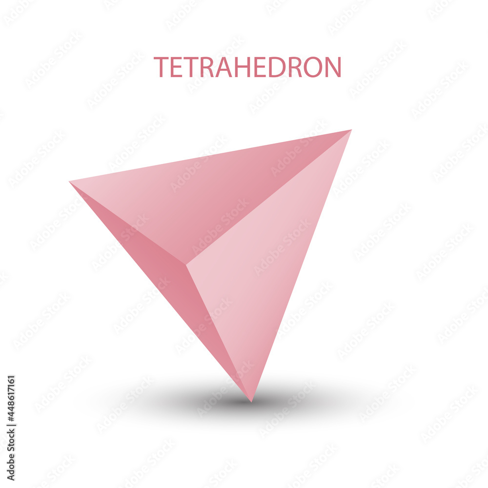 Vector pink tetrahedron with gradients for game, icon, package design, logo, mobile, ui, web. One of regular polyhedra isolated on white background. Minimalist style. Platonic solid. Vector pink tetrahedron with gradients for game, icon, package design, logo, mobile, ui, web. One of regular polyhedra isolated on white background. Minimalist style. Platonic solid.